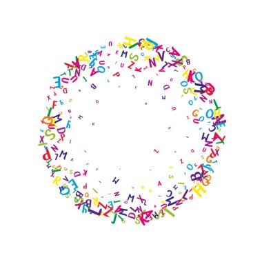 İngilizce 'nin harfleri düşüyor. Latin alfabesinin renkli, çocuksu uçan karakterleri. Yabancı diller öğrenim kavramı. Beyaz arkaplanda okul afişine geri dön.