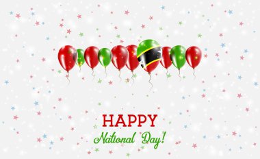 Aziz Kitts ve Nevis Bağımsızlık Günü Parlayan Vatansever Posteri. Kittian ve Nevisian Bayrağının Renklerindeki Balonlar. Ulusal Bayraklı, Konfeti ve Yıldızlı Tebrik Kartı.