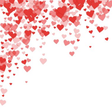 Kalp konfetisi sevgililer günü kaplaması. Kırmızı kalpler beyaz arka plana saçılmış. Joyfull Heart konfeti vektör çizimi