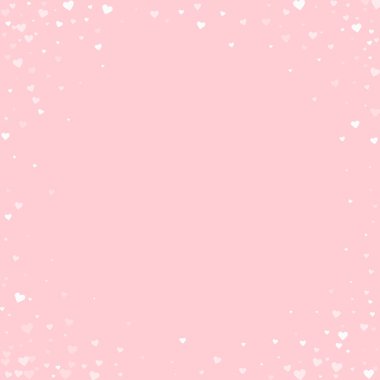 Sevgililer günü kalpleri, uçmak, düşmek, süzülmek. Beyaz kalpler pembe arka plana saçılmış. Sevimli sevgililer günü vektör illüstrasyonu.