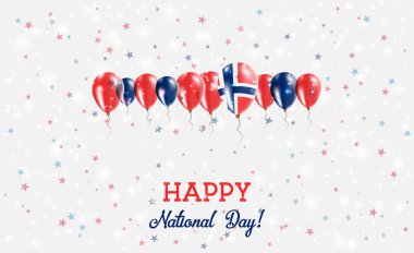 Norway Independence Day Sparkling Patriotic Poster. Row of Balloons in Colors of the Norwegian Flag. Greeting Card with National Flags, Confetti and Stars. clipart