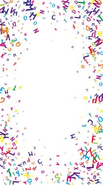 Uçan Latince mektuplar. İngiliz alfabesinin renkli çocuksu dağılmış çardakları. Yabancı diller öğrenim kavramı. Beyaz arkaplanda okul afişine geri dön.