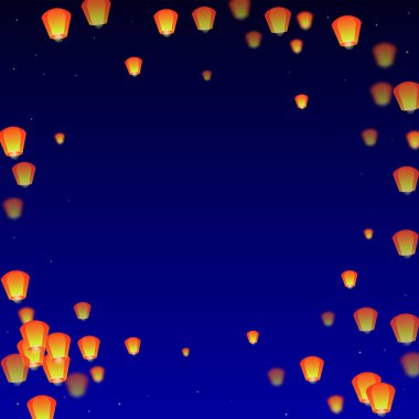 Loy Krathong 'un Chiang Mai kutlaması. Gece gökyüzünde kağıt fener ışıkları uçuşan Tayland tatili. Chiang Mai kültürel geleneği. Koyu mavi arkaplanda vektör illüstrasyonu.
