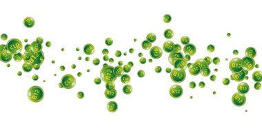 B12 vitamini pasaklı yuvarlak haplar. Güzellik ve beslenme cilt bakımı. Sağlık konsepti. Temel vitamin vektör illüstrasyonu. 