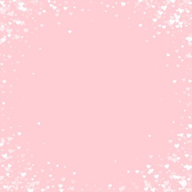 Sevgililer günü kalpleri, uçmak, düşmek, süzülmek. Beyaz kalpler pembe arka plana saçılmış. Sevimli sevgililer günü vektör illüstrasyonu.