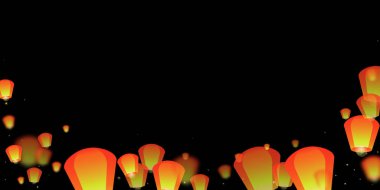 Loy Krathong festival kartı. Gece gökyüzünde kağıt fener ışıkları uçuşan Tayland tatili. Loy Krathong kutlaması. Siyah arkaplanda vektör illüstrasyonu.