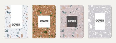 Broşür kapağı tasarımı. Doğal taşlar, granit, kuvars ve mermerden yapılmış terrazzo soyut arka plan. Venedik Terrazzo Doku Broşürü.