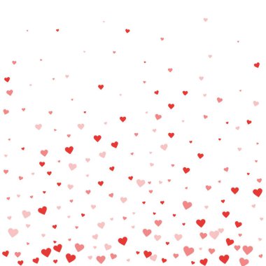 Düşen kalpler sevgililer günü kartı şablonu. Kırmızı kalpler beyaz arka plana saçılmış. Kaotik düşen kalpler vektör illüstrasyonu.