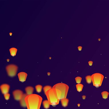 Gece gökyüzünde süzülen gökyüzü fenerleri. Gece gökyüzünde kağıt fener ışıkları uçuşan Tayland tatili. Gökyüzü feneri festivali kutlaması. Mor gradyan arkaplan üzerindeki vektör illüstrasyonu.