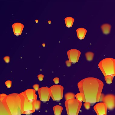 Loy Krathong festival kartı. Gece gökyüzünde kağıt fener ışıkları uçuşan Tayland tatili. Loy Krathong kutlaması. Mor gradyan arkaplan üzerindeki vektör illüstrasyonu.