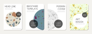 Okul not defteri kapağı tasarımı. Doğal taşlar, granit, kuvars ve mermerden yapılmış terrazzo soyut arka plan. Venedik terrazzo desenli okul not defteri şablonu.