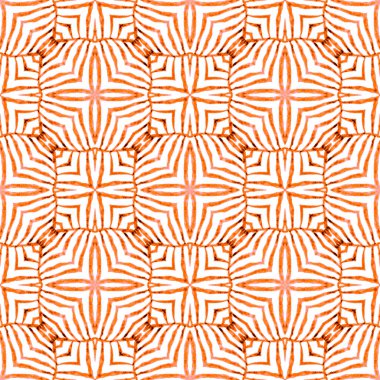 Tekstil hazır canlı baskı, mayo kumaş, duvar kağıdı, ambalaj. Turuncu parlak boho şık yaz tasarımı. Elle boyanmış suluboya kenar. Döşemeli suluboya arkaplan.