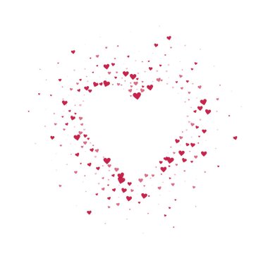 Sevgililer günü kalpleri, uçmak, düşmek, süzülmek. Kırmızı kalpler beyaz arka plana saçılmış. Sevimli sevgililer günü vektör illüstrasyonu.
