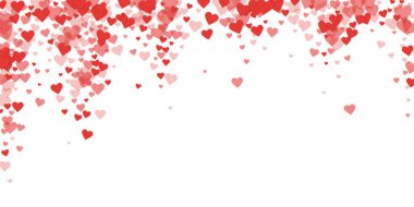 Serpiştirilmiş kalpler sevgililer günü şablonu. Kırmızı kalpler beyaz arka plana saçılmış. Kutlama serpiştirilmiş kalp vektör illüstrasyonu.