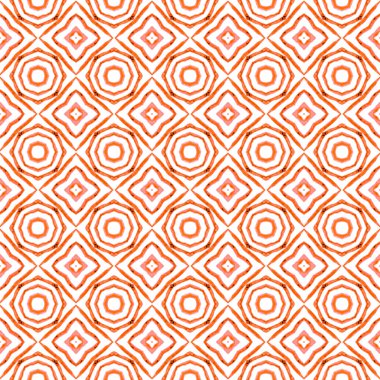 Madalyon pürüzsüz desen. Turuncu süslü boho şık yaz tasarımı. Suluboya madalyonu, kusursuz sınır. Tekstil hazır iyi görünümlü baskı, mayo kumaş, duvar kağıdı, ambalaj..