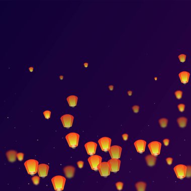 Yi Peng festival kartı. Gece gökyüzünde kağıt fener ışıkları uçuşan Tayland tatili. Geleneksel Yi Peng kutlaması. Mor gradyan arkaplan üzerindeki vektör illüstrasyonu.