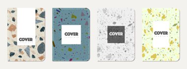 Broşür kapağı tasarımı. Doğal taşlar, granit, kuvars ve mermerden yapılmış terrazzo soyut arka plan. Venedik Terrazzo Doku Broşürü.