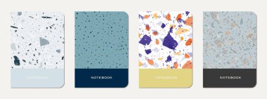 Not defteri kapağı tasarımı. Doğal taşlar, granit, kuvars ve mermerden yapılmış terrazzo soyut arka plan. Venedik terrazzo doku dizüstü bilgisayar kapağı şablonu.