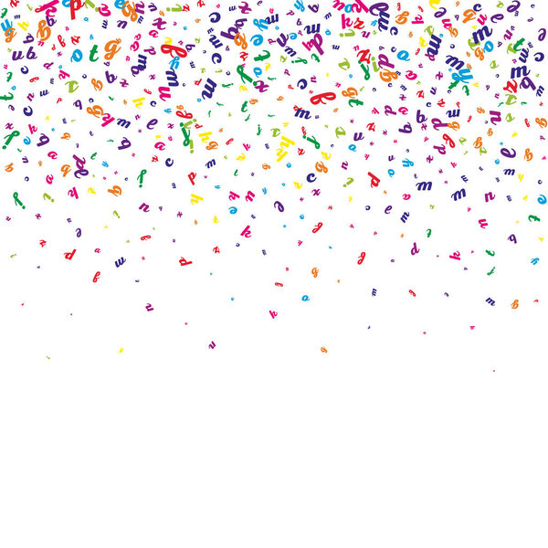 School notebook cover. Colorful childish floating letters of Latin alphabet. Foreign languages study concept. Back to school banner on white background.