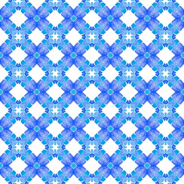 Suluboya madalyonu, kusursuz sınır. Mavi sevimli boho şık yaz tasarımı. Tekstil hazır baskı, mayo kumaş, duvar kağıdı, ambalaj. Madalyon pürüzsüz desen.