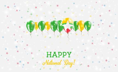 Myanmar Independence Day Sparkling Patriotic Poster. Row of Balloons in Colors of the Myanmarian Flag. Greeting Card with National Flags, Confetti and Stars. clipart