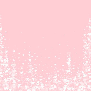 Kalp konfetisi sevgililer günü kaplaması. Beyaz kalpler pembe arka plana saçılmış. Joyfull Heart konfeti vektör çizimi