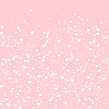 Kalp konfetisi sevgililer günü kaplaması. Beyaz kalpler pembe arka plana saçılmış. Joyfull Heart konfeti vektör çizimi
