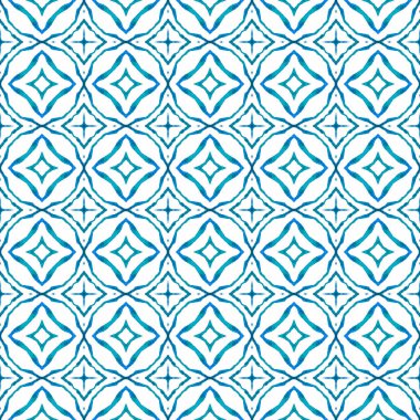 Suluboya yaz etnik sınır düzeni. Mavi yaratıcı boho şık yaz tasarımı. Tekstil hazır şaşırtıcı baskılar, mayo kumaş, duvar kağıdı, ambalaj. Etnik el boyası desen.