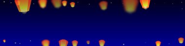 Yi Peng festival kartı. Gece gökyüzünde kağıt fener ışıkları uçuşan Tayland tatili. Geleneksel Yi Peng kutlaması. Koyu mavi arkaplanda vektör illüstrasyonu.