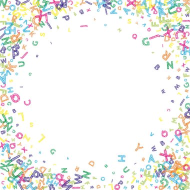 İngilizce 'nin harfleri düşüyor. Latin alfabesinin renkli, çocuksu uçan karakterleri. Yabancı diller öğrenim kavramı. Okula dönüş afişi .