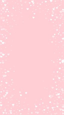 Sevgililer günü kalpleri, uçmak, düşmek, süzülmek. Beyaz kalpler pembe arka plana saçılmış. Sevimli sevgililer günü vektör illüstrasyonu.