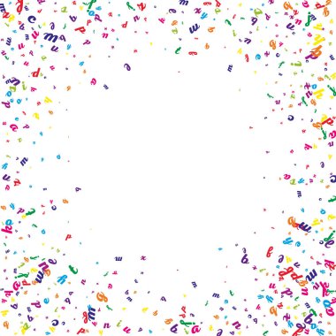 Uçan Latince mektuplar. İngiliz alfabesinin renkli çocuksu dağılmış çardakları. Yabancı diller öğrenim kavramı. Beyaz arkaplanda okul afişine geri dön.