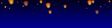Yi Peng festival kartı. Gece gökyüzünde kağıt fener ışıkları uçuşan Tayland tatili. Geleneksel Yi Peng kutlaması. Koyu mavi arkaplanda vektör illüstrasyonu.