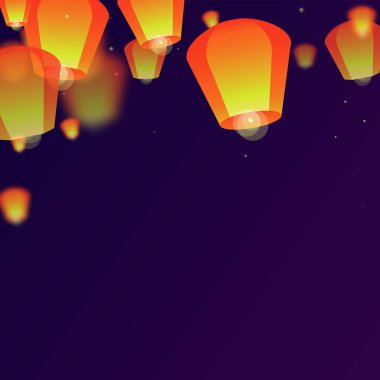 Loy Krathong 'un Chiang Mai kutlaması. Gece gökyüzünde kağıt fener ışıkları uçuşan Tayland tatili. Chiang Mai kültürel geleneği. Mor gradyan arkaplan üzerindeki vektör illüstrasyonu.