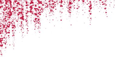 Sevgililer günü kalpleri, uçmak, düşmek, süzülmek. Kırmızı kalpler beyaz arka plana saçılmış. Sevimli sevgililer günü vektör illüstrasyonu.