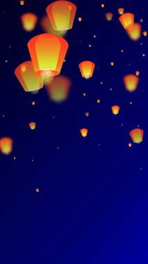 Gece gökyüzünde süzülen gökyüzü fenerleri. Gece gökyüzünde kağıt fener ışıkları uçuşan Tayland tatili. Gökyüzü feneri festivali kutlaması. Koyu mavi arkaplanda vektör illüstrasyonu.