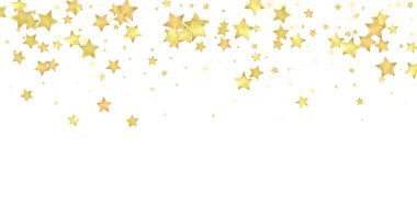 Sihirli yıldızlar vektör kaplaması. Altın yıldızlar rasgele etrafa saçılmış, düşüyor, yüzüyor. Kaotik rüya gibi çocuksu bir şablon. Beyaz arkaplanda mucizevi yıldızlı gece vektörü.