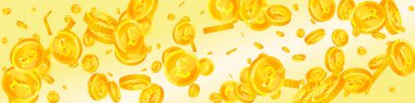 British pound coins falling. Scattered gold GBP coins.  United Kingdom money. Jackpot wealth or success concept. Panoramic vector illustration.