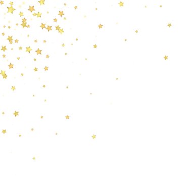 Sihirli yıldızlar vektör kaplaması. Altın yıldızlar rasgele etrafa saçılmış, düşüyor, yüzüyor. Kaotik rüya gibi çocuksu bir şablon. beyaz arkaplan.