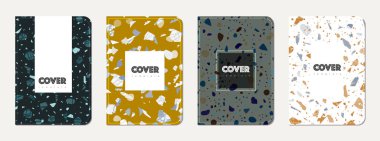 Okul not defteri kapağı tasarımı. Doğal taşlar, granit, kuvars ve mermerden yapılmış terrazzo soyut arka plan. Venedik terrazzo desenli okul not defteri şablonu.