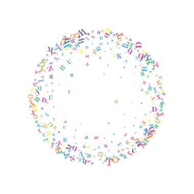 Uçan Latince mektuplar. İngiliz alfabesinin renkli çocuksu dağılmış çardakları. Yabancı diller öğrenim kavramı. Beyaz arkaplanda okul afişine geri dön.