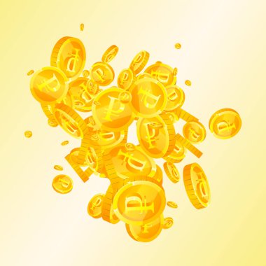 Russian ruble coins falling. Scattered gold RUB coins. Russia money. Jackpot wealth or success concept. Square vector illustration.