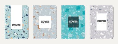 Not defteri kapağı tasarımı. Doğal taşlar, granit, kuvars ve mermerden yapılmış terrazzo soyut arka plan. Venedik terrazzo dokusu not defteri kapağı şablonu.