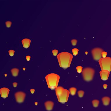 Loy Krathong 'un Chiang Mai kutlaması. Gece gökyüzünde kağıt fener ışıkları uçuşan Tayland tatili. Chiang Mai kültürel geleneği. Mor gradyan arkaplan üzerindeki vektör illüstrasyonu.