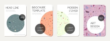 Okul not defteri kapağı tasarımı. Doğal taşlar, granit, kuvars ve mermerden yapılmış terrazzo soyut arka plan. Venedik terrazzo desenli okul not defteri şablonu.