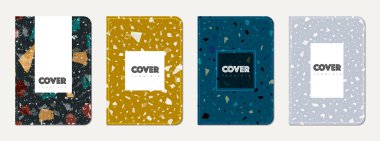 Not defteri kapağı tasarımı. Doğal taşlar, granit, kuvars ve mermerden yapılmış terrazzo soyut arka plan. Venedik terrazzo dokusu not defteri kapağı şablonu.