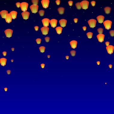 Yi Peng festival kartı. Gece gökyüzünde kağıt fener ışıkları uçuşan Tayland tatili. Geleneksel Yi Peng kutlaması. Koyu mavi arkaplanda vektör illüstrasyonu.