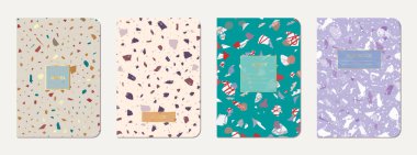 Okul not defteri kapağı tasarımı. Doğal taşlar, granit, kuvars ve mermerden yapılmış terrazzo soyut arka plan. Venedik terrazzo desenli okul not defteri şablonu.