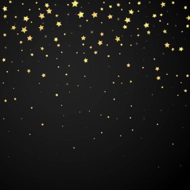 Sihirli yıldızlar vektör kaplaması. Altın yıldızlar rasgele etrafa saçılmış, düşüyor, yüzüyor. Kaotik rüya gibi çocuksu bir şablon. Siyah arkaplan üzerine vektör büyüsü.