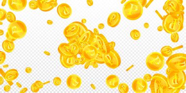 Russian ruble coins falling. Scattered gold RUB coins. Russia money. Jackpot wealth or success concept. Wide vector illustration.